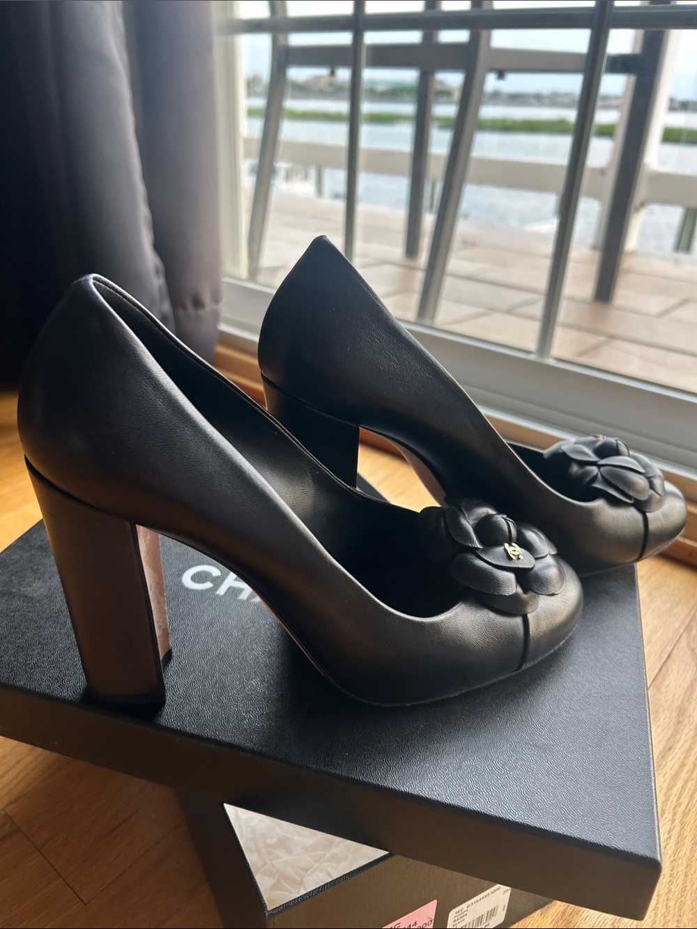 CHANEL Black Leather Camellia Detail Pumps - Picture 5 of 6